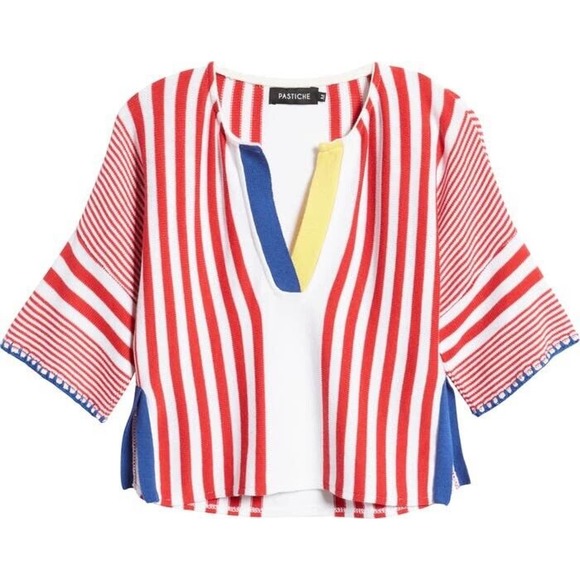 NWOT Pastiche Womens Joe Stripe Intarsia Knit Crop Top Medium Side Vents Loose‎ - Picture 1 of 15